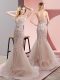 Scoop Sleeveless Sweep Train Zipper Prom Dresses Champagne Tulle