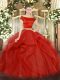 Two Pieces Quinceanera Gowns Red Off The Shoulder Tulle Short Sleeves Floor Length Zipper