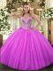 Fuchsia Ball Gowns Sweetheart Sleeveless Tulle Floor Length Lace Up Beading Sweet 16 Dress