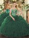 Floor Length Dark Green Ball Gown Prom Dress Tulle Sleeveless Beading and Ruffled Layers
