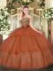 Rust Red Tulle Lace Up Quinceanera Dresses Sleeveless Floor Length Beading and Ruffled Layers