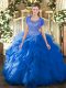 New Arrival Scoop Sleeveless Quinceanera Gowns Floor Length Beading and Ruffled Layers Blue Tulle