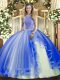 Decent Blue Lace Up 15 Quinceanera Dress Beading and Ruffles Sleeveless Floor Length