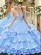 Stylish Blue Ball Gowns Beading and Ruffled Layers Sweet 16 Dresses Lace Up Organza Sleeveless Floor Length