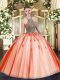 Glamorous Coral Red Ball Gowns Tulle Halter Top Sleeveless Beading Floor Length Lace Up Quince Ball Gowns