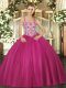 Luxurious Floor Length Fuchsia Quinceanera Gowns Straps Sleeveless Lace Up