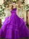 Eggplant Purple Ball Gowns Ruffled Layers Sweet 16 Dresses Lace Up Tulle Sleeveless Floor Length