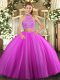 Beautiful Fuchsia Two Pieces Halter Top Sleeveless Tulle Floor Length Criss Cross Beading Quince Ball Gowns