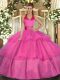 Tulle Halter Top Sleeveless Lace Up Ruffled Layers Sweet 16 Dresses in Fuchsia
