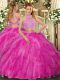 Suitable Floor Length Hot Pink Ball Gown Prom Dress Tulle Sleeveless Beading