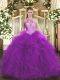 Exceptional Halter Top Sleeveless Lace Up Ball Gown Prom Dress Purple Organza