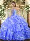 Popular Floor Length Blue Quince Ball Gowns Organza Sleeveless Beading and Ruffled Layers