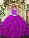 Discount Purple Sleeveless Floor Length Appliques and Ruffles Lace Up Ball Gown Prom Dress