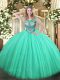 Free and Easy Turquoise Tulle and Sequined Lace Up Scoop Sleeveless Floor Length Sweet 16 Dress Beading