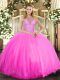 Enchanting Rose Pink Halter Top Lace Up Beading 15 Quinceanera Dress Sleeveless