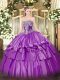 Artistic Purple Ball Gowns Strapless Sleeveless Organza and Taffeta Floor Length Lace Up Beading and Ruffled Layers Quinceanera Gown