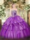 Artistic Purple Ball Gowns Strapless Sleeveless Organza and Taffeta Floor Length Lace Up Beading and Ruffled Layers Quinceanera Gown