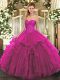 Perfect Sleeveless Tulle Floor Length Lace Up 15th Birthday Dress in Fuchsia with Beading and Ruffles