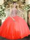 Extravagant Sleeveless Tulle Floor Length Lace Up Quinceanera Dress in Coral Red with Beading