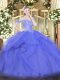 Customized Blue Tulle Lace Up Off The Shoulder Sleeveless Floor Length 15 Quinceanera Dress Beading and Ruffles