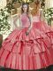 Coral Red High-neck Lace Up Beading and Ruffled Layers Quinceanera Dress Sleeveless