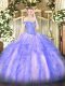 Lavender Ball Gowns Tulle Off The Shoulder Sleeveless Beading and Ruffles Floor Length Lace Up Quinceanera Gowns