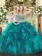 Organza Scoop Sleeveless Lace Up Beading and Ruffles Sweet 16 Dress in Teal