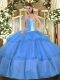 Sophisticated Baby Blue Lace Up Quinceanera Dress Beading and Ruffled Layers Sleeveless Floor Length