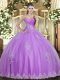 Free and Easy Floor Length Lace Up 15 Quinceanera Dress Lilac for Military Ball and Sweet 16 and Quinceanera with Beading and Appliques