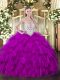 Unique Fuchsia Zipper Scoop Beading and Ruffles Sweet 16 Quinceanera Dress Tulle Sleeveless