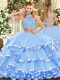 Discount Aqua Blue Two Pieces Tulle Halter Top Sleeveless Beading and Ruffled Layers Floor Length Criss Cross Quinceanera Gowns