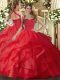 Red Quinceanera Dresses Military Ball and Sweet 16 and Quinceanera with Ruffles Halter Top Sleeveless Lace Up