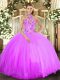Lilac Lace Up Halter Top Beading and Embroidery Sweet 16 Dresses Tulle Sleeveless