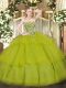 Olive Green Tulle Lace Up Sweetheart Sleeveless Floor Length Quinceanera Dress Beading and Ruffled Layers