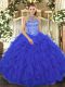 Floor Length Royal Blue Sweet 16 Dresses Organza Sleeveless Beading and Embroidery and Ruffles