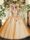 Orange Red Ball Gowns Tulle Halter Top Sleeveless Lace and Appliques Floor Length Lace Up Quinceanera Gowns