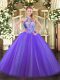 Adorable Tulle Halter Top Sleeveless Lace Up Sequins Quinceanera Gowns in Purple