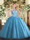 Baby Blue Ball Gowns Beading Quinceanera Dress Lace Up Tulle Sleeveless Floor Length