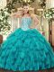 Most Popular Teal Lace Up Sweetheart Beading and Ruffles Quinceanera Gowns Tulle Sleeveless