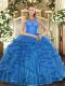 Ideal Sleeveless Organza Floor Length Lace Up Quince Ball Gowns in Teal with Beading and Ruffles