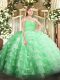Floor Length Zipper Quinceanera Gowns Apple Green for Military Ball and Sweet 16 and Quinceanera with Beading and Lace and Ruffled Layers