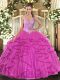 Extravagant Fuchsia Tulle Lace Up Quinceanera Dress Sleeveless Floor Length Beading and Ruffles