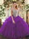 Eggplant Purple Tulle Lace Up Off The Shoulder Sleeveless Floor Length Quinceanera Gown Beading and Ruffles