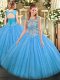 Modern Baby Blue Ball Gowns Scoop Sleeveless Tulle Floor Length Lace Up Beading Quince Ball Gowns