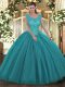 Scoop Sleeveless Backless Sweet 16 Dresses Teal Tulle and Sequined