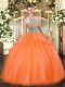 Orange Red Tulle Lace Up Halter Top Sleeveless Floor Length Sweet 16 Quinceanera Dress Beading and Ruffles
