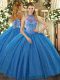New Arrival Tulle Halter Top Sleeveless Lace Up Beading and Embroidery Quinceanera Gown in Blue