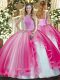 Glorious Hot Pink Lace Up High-neck Beading and Ruffles Quinceanera Dresses Tulle Sleeveless