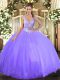 Lavender Tulle Lace Up Ball Gown Prom Dress Sleeveless Floor Length Beading