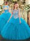 Blue Sleeveless Floor Length Beading and Ruffles Lace Up Sweet 16 Dresses